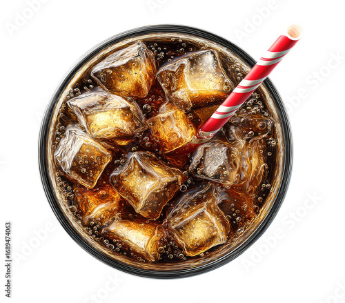 Top-down view of a round glass cup filled with a dark brown, fizzy drink and ice cubes. A red and white striped straw extends from the drink