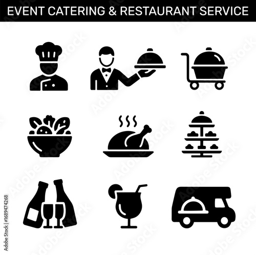 Event catering and restaurant service outline icons set. Chef, waiter, cloche, salad, roasted chicken, dessert stand, champagne, cocktail, food truck