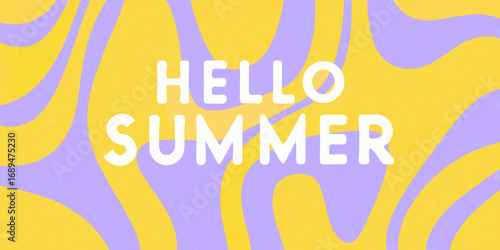 Hello summer text in white on a groovy wavy background of yellow and lavender colors