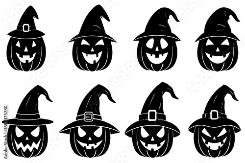Halloween Pumpkins with Witch Hats – Spooky Jack O’ Lantern Vector Set