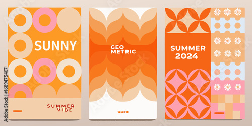 Vibrant summer posters featuring geometric patterns and sunny colors for a retro vibe