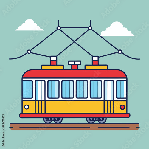 Classic red and yellow tram on tracks with overhead wires and clouds