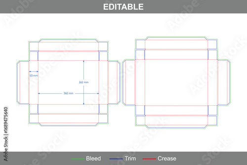 Board game box with lid dieline template for packaging design, printable box artwork with professional die line for board games, toys, and retail products