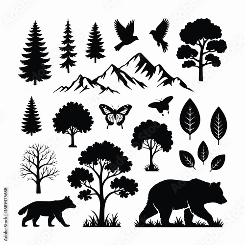 Nature Silhouettes of Trees, Mountains, Animals and Birds Illustration