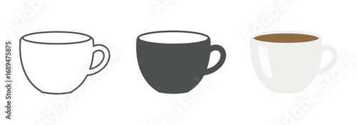 Vector art of three different representations of a coffee cup, including a sketch, a silhouette, and a filled cup