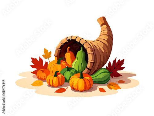 Cornucopia overflowing with autumn harvest on a white background

