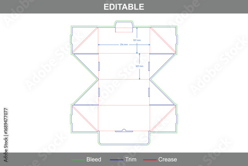 Flip top dump style box dieline template with custom dimensions, folding carton packaging structure for retail packaging design with accurate packaging die line