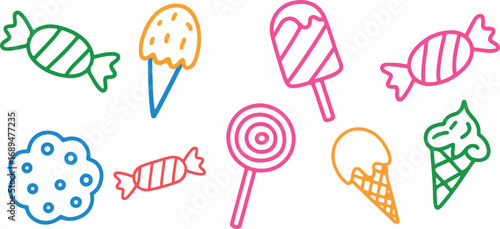 Colorful dessert sweets illustration with ice cream, candy, cookie and lollipop in playful line art for kids