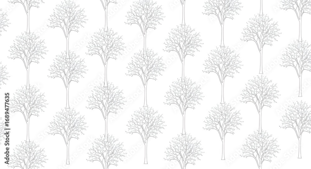 Fototapeta premium A black and white seamless pattern features stylized trees connected by delicate vertical lines, creating a structured yet organic geometric design.
