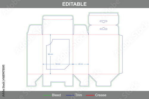 Hanging display window box dieline template design, custom dimensions folding carton packaging structure for retail display with accurate packaging die line