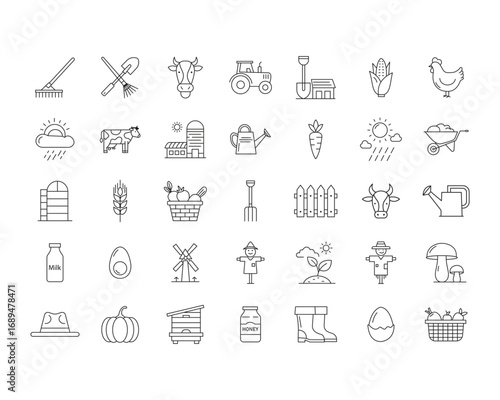 Agriculture icon set design. Farm, Farming, farmer, harvest, meal, leaf, seed, wheat, hen, pumpkin and more icon vector template