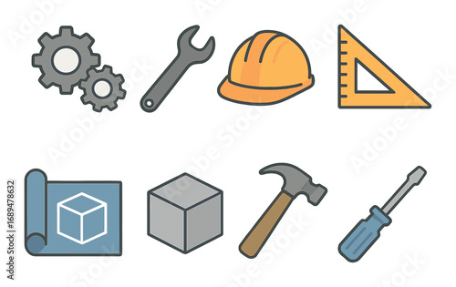 Construction tools and engineering icons: wrench, helmet, blueprint, hammer, gears, tools