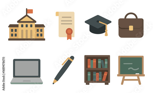 Educational icons: school, diploma, graduation cap, briefcase, laptop, pen, bookshelf, chalkboard
