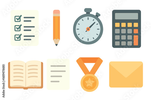 Set of educational and office icons: checklist, pencil, stopwatch, calculator, book, medal, envelope