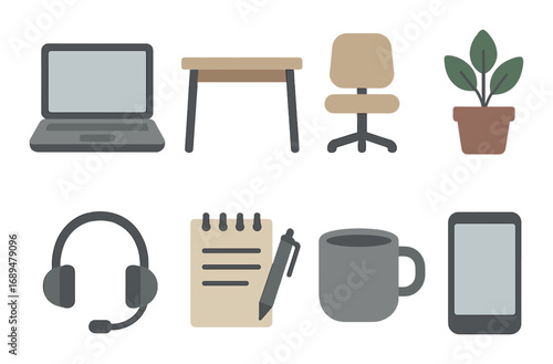 Modern office workspace essentials: laptop, desk, chair, plant, headset, notebook, mug, phone