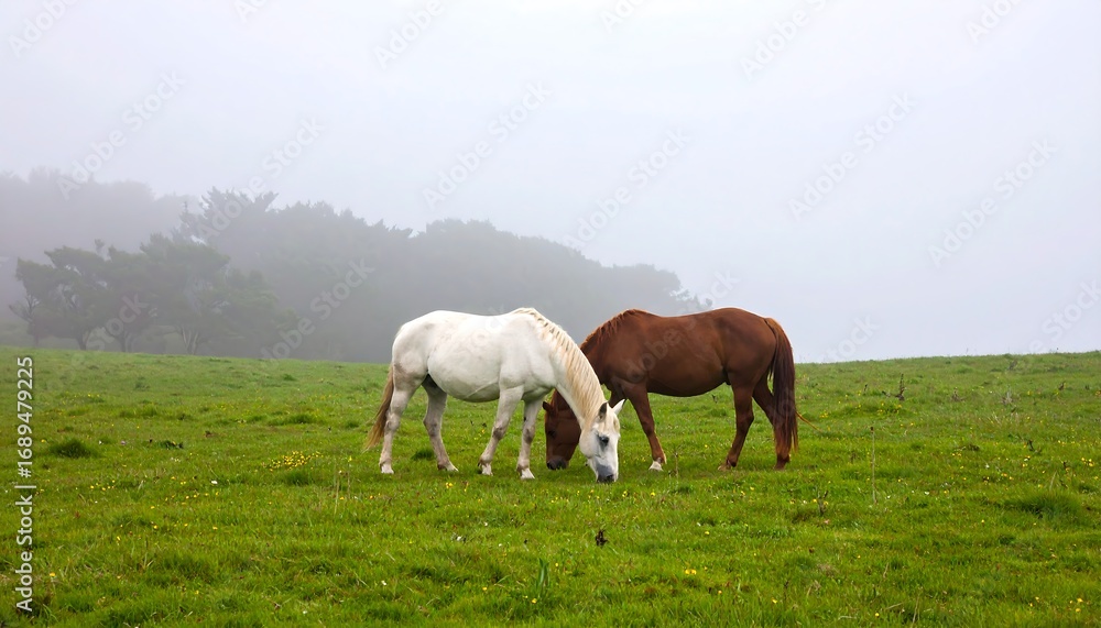 Fototapeta premium Two horses graze in a misty meadow