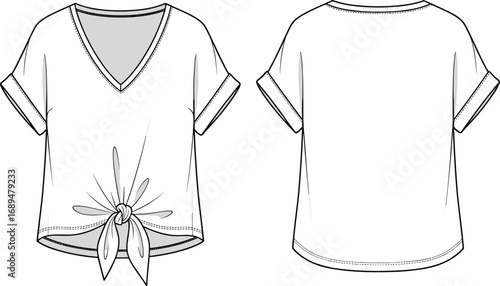 Front tie women’s short sleeve top fashion CAD, flat sketch vector template with V-neck and cuffed sleeve design