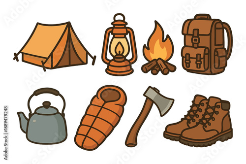 Camping gear icons: tent, lantern, campfire, backpack, teapot, sleeping bag, axe, boots