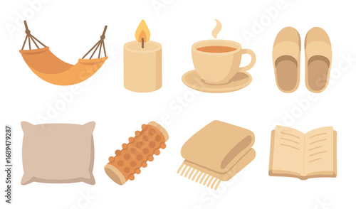 Cozy relaxation elements featuring hammock, candle, coffee, slippers, pillow, and book for a warm ambiance
