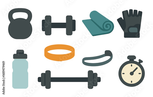 Neon fitness equipment icons on black background: kettlebell, dumbbell, mat, timer