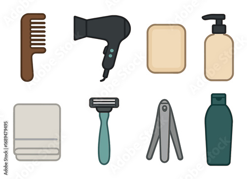 Essential grooming tools icons on gradient background