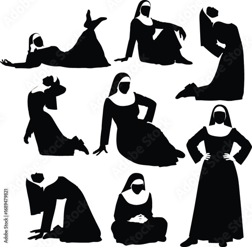 Set of Black Silhouettes of a Nun in Various Poses for Religious and Design Concepts