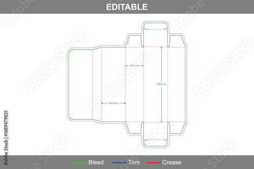 Positive mortise lock tuck end box dieline with custom dimensions, secure folding carton packaging design template and detailed packaging layout die line