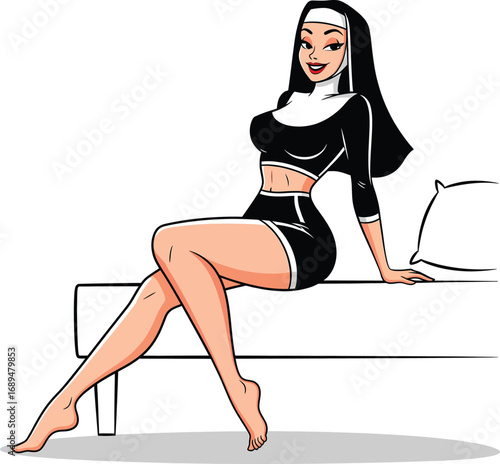 Happy and Sexy Pin-up Nun in a Crop Top Sitting Barefoot on a Bed