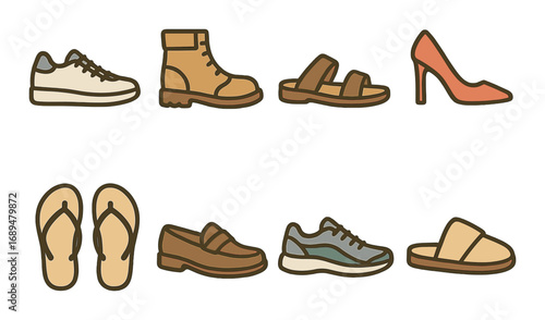Assorted footwear icons: sneakers, boots, sandals, heels, flip-flops, loafers