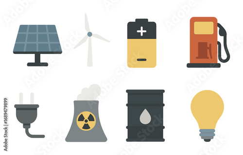 Renewable and non-renewable energy sources icons: solar, wind, battery, fuel, nuclear