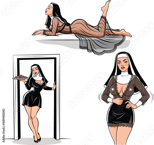 Set of Sexy Pin-up Nun Characters in Domestic Poses with Lingerie and Apron
