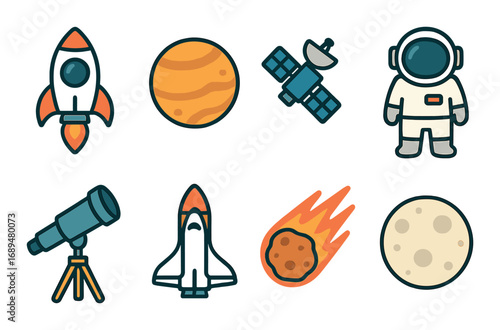Colorful space icons with rocket, astronaut, telescope, and more