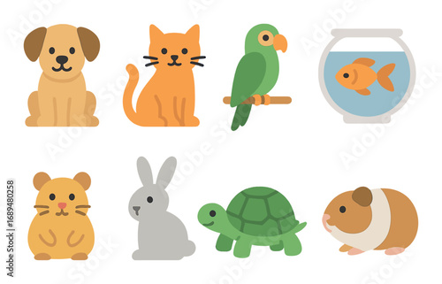 Cute cartoon pets collection with dog, cat, parrot, fish, hamster, rabbit, turtle, guinea pig