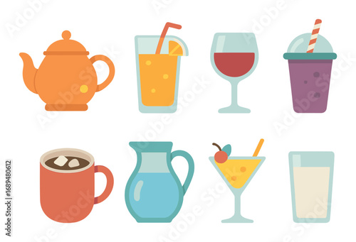 Colorful assortment of various beverage icons including tea, juice, wine, and milkshake