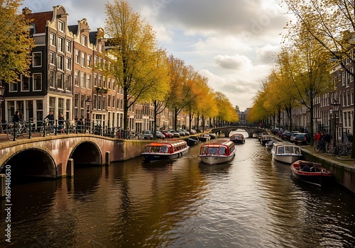 A serene canal scene in Amsterdam, showcasing historic architecture and autumnal foliage along the waterway.