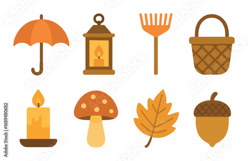 Autumn icons: orange umbrella, lantern, rake, basket, candle, mushroom, leaf, acorn on warm background