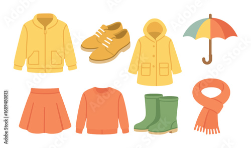 Vibrant autumn clothing and accessories with umbrella