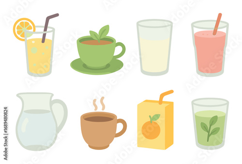 Varied beverage collection featuring juice, tea, milk, smoothie, water, coffee, orange drink