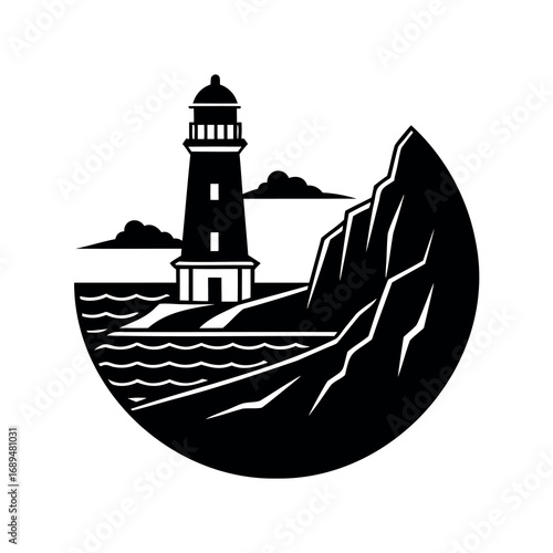 Dramatic monochrome lighthouse scene within a circular seascape landscape design
