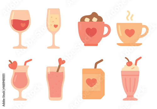 Set of eight heart-themed drinks with warm and cozy aesthetic