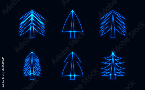 neon Christmas tree vector set blue deep background