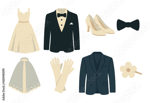 Elegant wedding attire collection with dresses, suits, shoes, and accessories