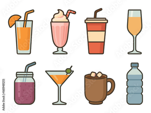Variety of refreshing beverages in illustrated style on brown background
