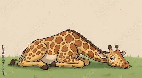 Cartoon Giraffe Resting on Grass A Gentle Illustration