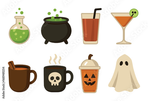Spooky halloween drinks and ghost icon set with cauldron and potion