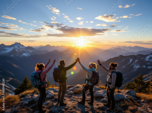 Group of hikers celebrating at a mountain summit at sunset