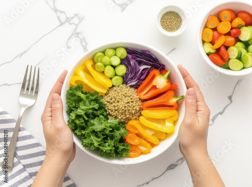 Preparing a fresh vegan Buddha bowl with healthy ingredients