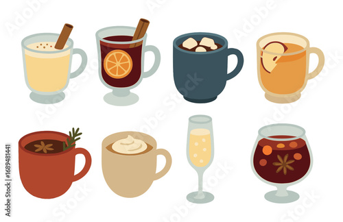 Assorted hot beverages with spices and garnishes in colorful mugs and glasses