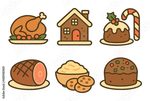 Festive holiday icons featuring turkey, gingerbread house, pudding, ham, mashed potatoes, cookies