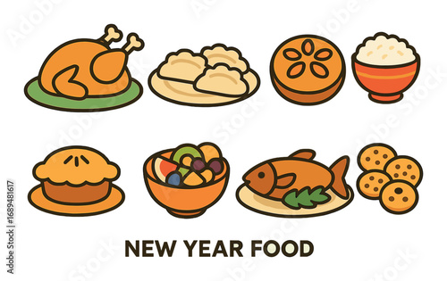 New year food icons: holiday meal with chicken, dumplings, and fish